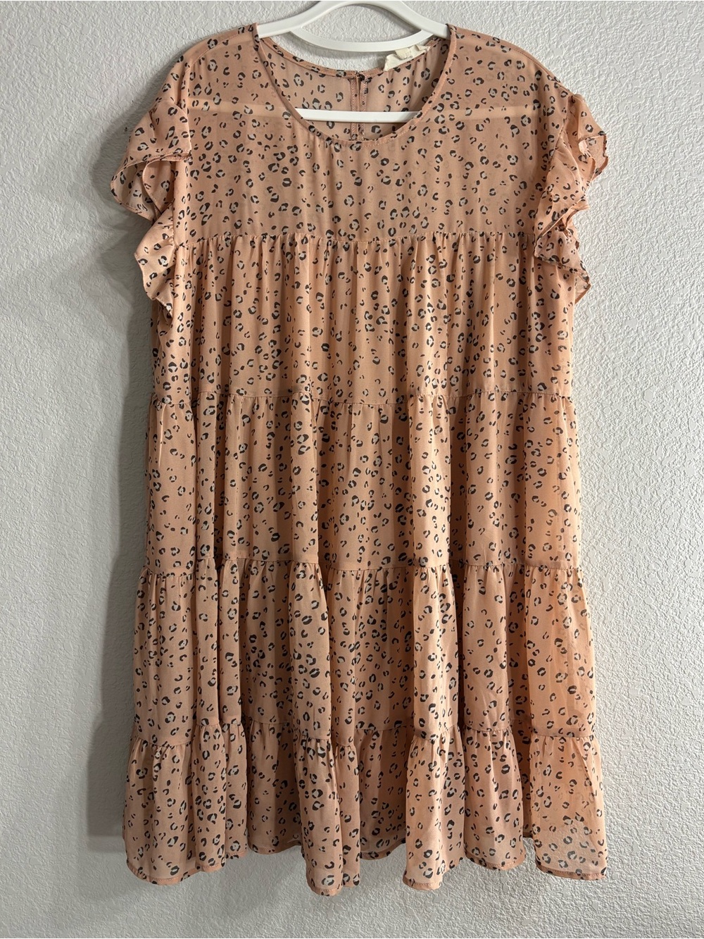 entro Peach Pink Cheetah Leopard Animal-Print Ruffle Tiered Boho Flowy Dress L